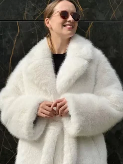 Faux Fur Coat In White Notched Lapel Belted Eco-friendly Winter Long Jacket 2026