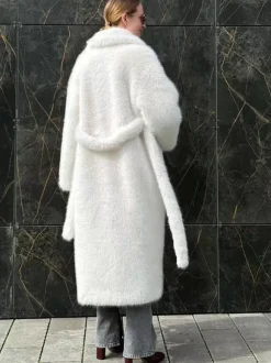 Faux Fur Coat In White Notched Lapel Belted Eco-friendly Winter Long Jacket 2026