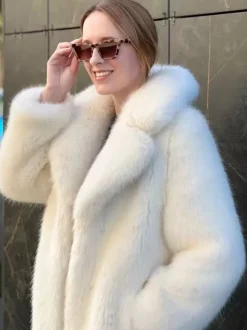 Faux Fur Coat In White Notched Lapel Belted Eco-friendly Winter Long Jacket 2026