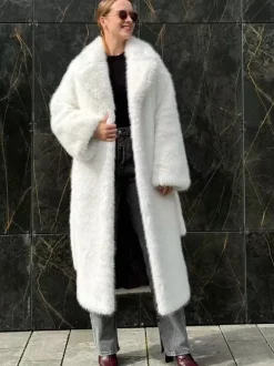 Faux Fur Coat In White Notched Lapel Belted Eco-friendly Winter Long Jacket 2026