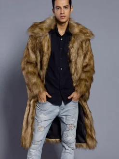 Faux Fur Coat Brown Fluffy Coat Turndown Collar Long Sleeve Men Winter Overcoat