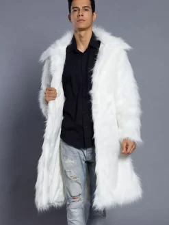 Faux Fur Coat Brown Fluffy Coat Turndown Collar Long Sleeve Men Winter Overcoat