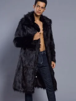Faux Fur Coat Brown Fluffy Coat Turndown Collar Long Sleeve Men Winter Overcoat