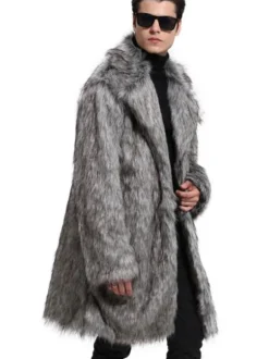 Faux Fur Coat Grey Fuzzy Coat Turndown Collar Men Casual Winter Overcoat