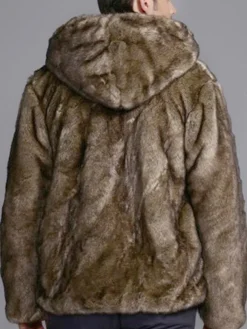Faux Fur Coat Hooded Horn Toggle Brown Jacket Long Sleeve Men Winter Overcoat
