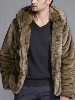 Faux Fur Coat Hooded Horn Toggle Brown Jacket Long Sleeve Men Winter Overcoat
