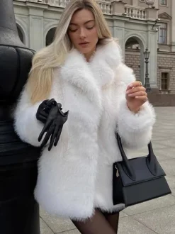 Faux Fur Coat In White Notched Lapel Eco-friendly Winter Jacket For Women 2026