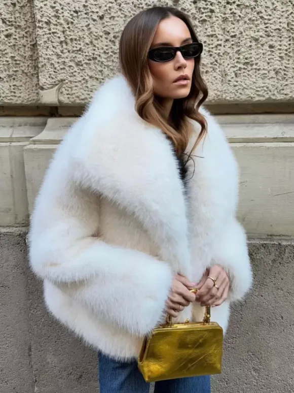 Faux Fur Coat Lapel Chic White Winter Eco-friendly Fur Jacket