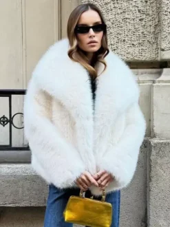 Faux Fur Coat Lapel Chic White Winter Eco-friendly Fur Jacket