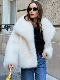 Faux Fur Coat Lapel Chic White Winter Eco-friendly Fur Jacket