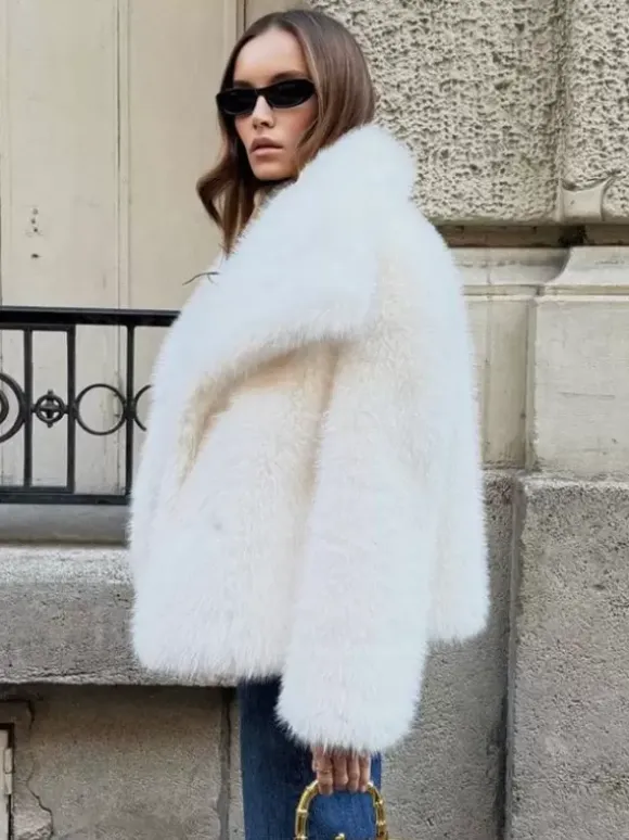 Faux Fur Coat Lapel Chic White Winter Eco-friendly Fur Jacket