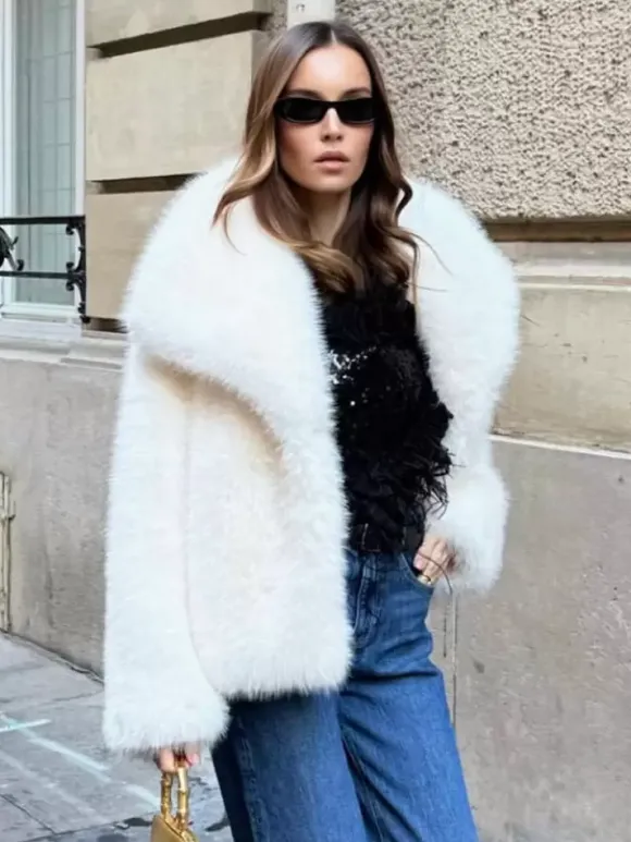 Faux Fur Coat Lapel Chic White Winter Eco-friendly Fur Jacket