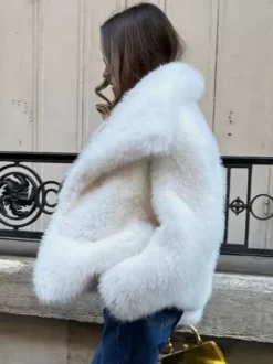 Faux Fur Coat Lapel Chic White Winter Eco-friendly Fur Jacket