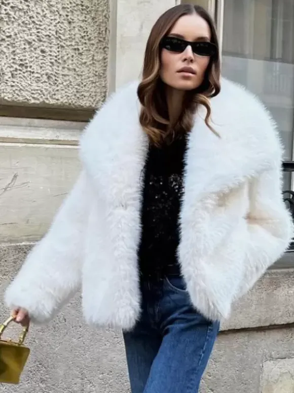Faux Fur Coat Lapel Chic White Winter Eco-friendly Fur Jacket