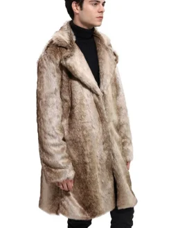 Faux Fur Coat Light Brown Casual Overcoat Two Tone Pattern Notch Collar Men Winter Overcoat