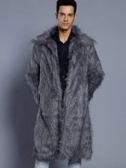 Faux Fur Coat Men Coat Turndown Collar Long Sleeve Oversized Overcoat