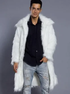 Faux Fur Coat Men Coat Turndown Collar Long Sleeve Oversized Overcoat