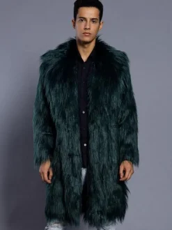 Faux Fur Coat Men Overcoat Salmon Turndown Collar Long Sleeve Winter Coat