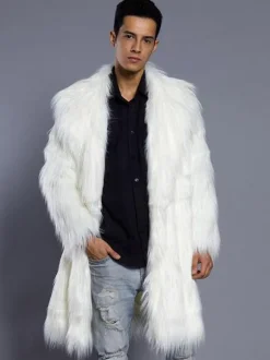 Faux Fur Coat Men Overcoat Salmon Turndown Collar Long Sleeve Winter Coat