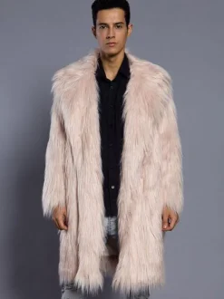 Faux Fur Coat Men Overcoat Salmon Turndown Collar Long Sleeve Winter Coat