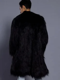 Faux Fur Coat Men Overcoat Salmon Turndown Collar Long Sleeve Winter Coat