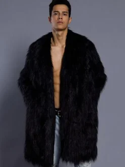 Faux Fur Coat Men Overcoat Salmon Turndown Collar Long Sleeve Winter Coat