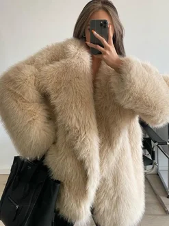 Faux Fur Coat Notched Lapel Solid Color Eco-friendly Winter Jacket For Women 2026