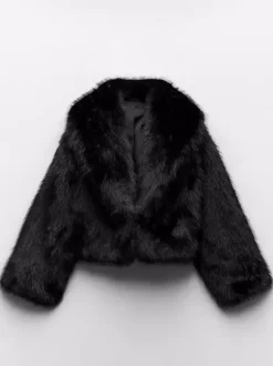 Faux Fur Coats Black No Waistline Long Sleeves Oversized Winter Coat