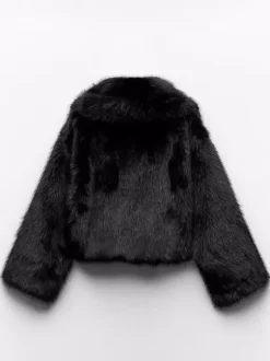 Faux Fur Coats Black No Waistline Long Sleeves Oversized Winter Coat