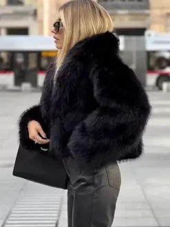 Faux Fur Coats Black No Waistline Long Sleeves Oversized Winter Coat