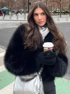 Faux Fur Coats Black No Waistline Long Sleeves Oversized Winter Coat