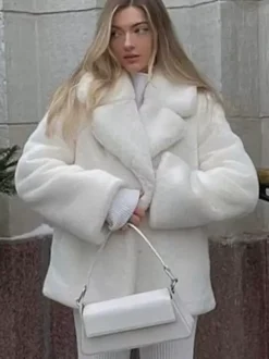 Faux Fur Coats Chic Turndown Collar White Winter Long Jacket For Women 2026