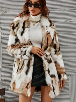 Faux Fur Coats Coffee BrownTwo-Tone Women Eco-friendly Fur Coat