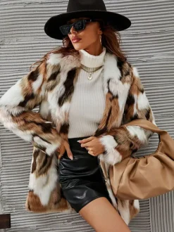 Faux Fur Coats Coffee BrownTwo-Tone Women Eco-friendly Fur Coat