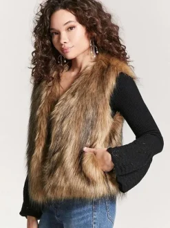 Faux Fur Coats Coffee Brown Sleeveless Faux Fur Jacket Eco-friendly Fur Coat