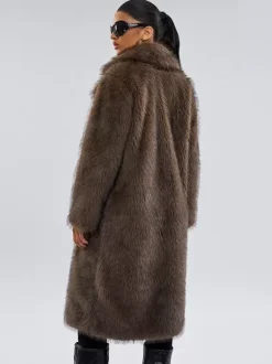 Faux Fur Coats In Deep Brown Notched Lapel Oversized Winter Long Jacket For Women 2026
