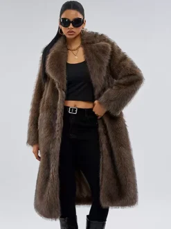 Faux Fur Coats In Deep Brown Notched Lapel Oversized Winter Long Jacket For Women 2026