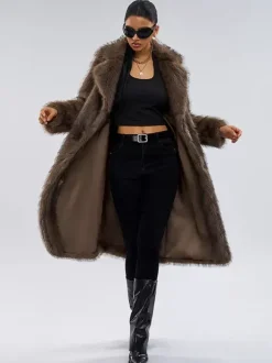 Faux Fur Coats In Deep Brown Notched Lapel Oversized Winter Long Jacket For Women 2026