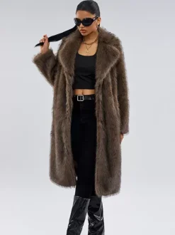 Faux Fur Coats In Deep Brown Notched Lapel Oversized Winter Long Jacket For Women 2026