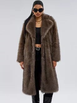 Faux Fur Coats In Deep Brown Notched Lapel Oversized Winter Long Jacket For Women 2026