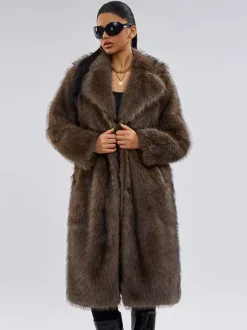 Faux Fur Coats In Deep Brown Notched Lapel Oversized Winter Long Jacket For Women 2026