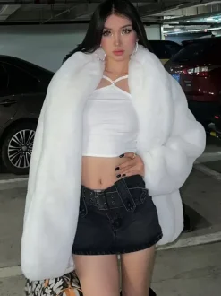 Faux Fur Coats Long Sleeves Chic Oversized Turndown Collar White Women Coat