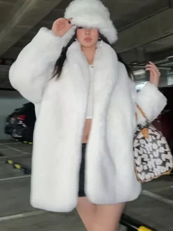 Faux Fur Coats Long Sleeves Chic Oversized Turndown Collar White Women Coat
