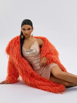 Faux Fur Coats Orange No Waistline Long Sleeves Faux Fur Coat Oversized Women Coat