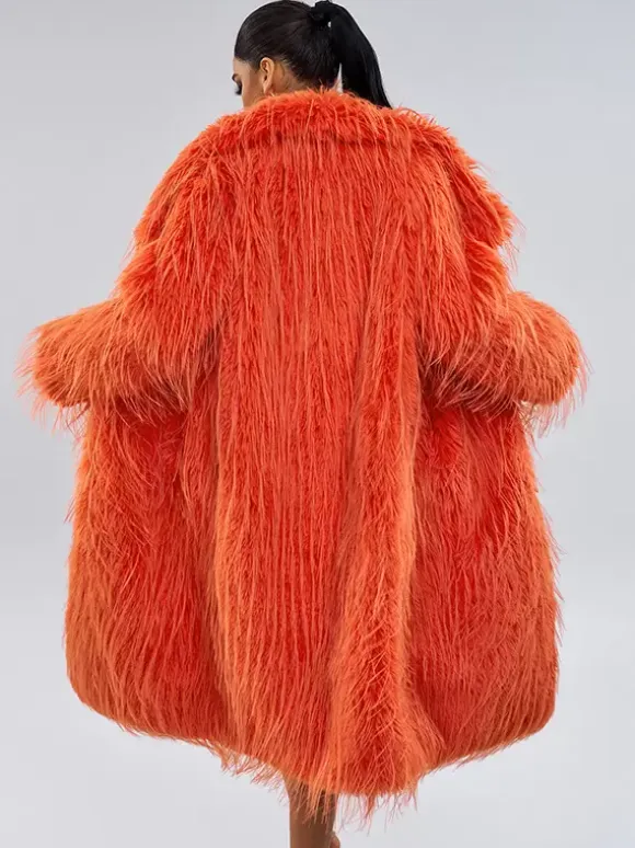 Faux Fur Coats Orange No Waistline Long Sleeves Faux Fur Coat Oversized Women Coat