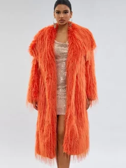 Faux Fur Coats Orange No Waistline Long Sleeves Faux Fur Coat Oversized Women Coat