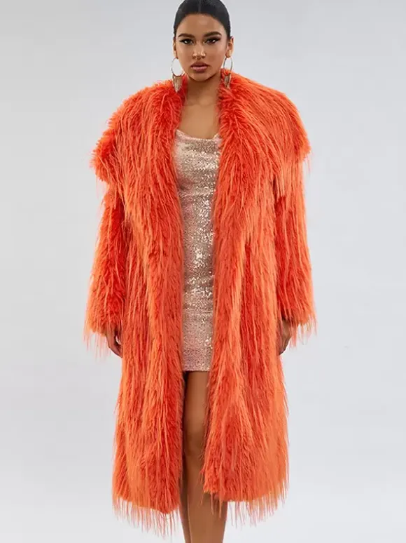 Faux Fur Coats Orange No Waistline Long Sleeves Faux Fur Coat Oversized Women Coat