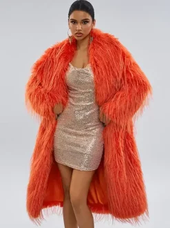 Faux Fur Coats Orange No Waistline Long Sleeves Faux Fur Coat Oversized Women Coat