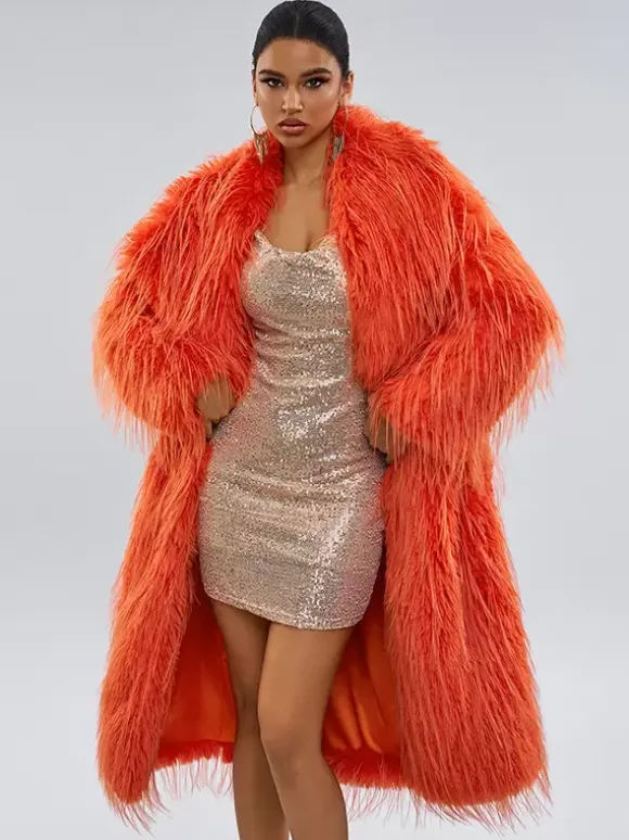 Faux Fur Coats Orange No Waistline Long Sleeves Faux Fur Coat Oversized Women Coat