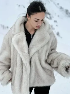 Faux Fur Coats Oversized Notched Lapel White Winter Jacket For Women 2026